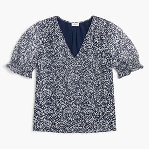J.Crew Blue and White Floral V-Neck crinkle puff-sleeve top